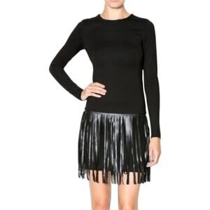 Amanda Uprichard Faux Leather Fringe Black Stretch Bodycon Mini Dress Small